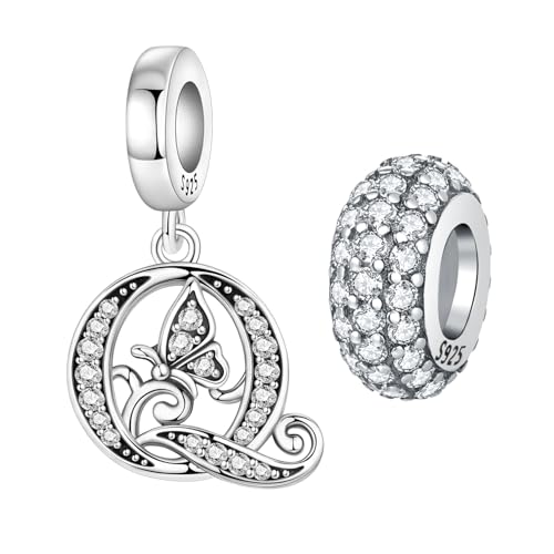 2 Pack 925 Sterling Silver Butterfly Letter Charms for Bracelets and Necklace Alphabet Initial Dangle Pendants Round Spacer Beads Pave Cubic Zirconia Jewelry Gift for Women - color: Q Set