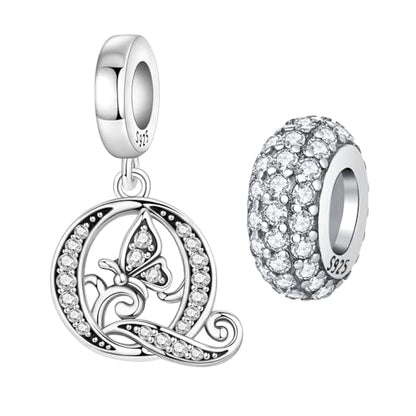 2 Pack 925 Sterling Silver Butterfly Letter Charms for Bracelets and Necklace Alphabet Initial Dangle Pendants Round Spacer Beads Pave Cubic Zirconia Jewelry Gift for Women - color: Q Set