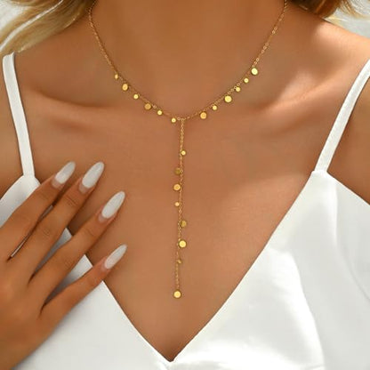 18K Gold Plated Minimalist Drop Y-Shaped Necklace for Women | Simple Lariat Necklace, Minimalist Everyday Jewelry,Y-Shaped Necklace - style: Y Coin Dangle-Gold