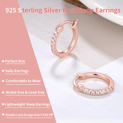14K Gold Plated Hoop Earrings for Women with 925 Sterling Silver Post, Lightweight Small Hoop Earrings 15mm/20mm Huggie Hoop Earrings - color: CZ Hoop - 14K Rose Gold Plated, size: 15MM