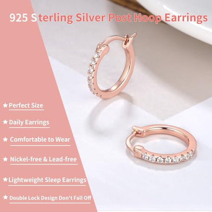 14K Gold Plated Hoop Earrings for Women with 925 Sterling Silver Post, Lightweight Small Hoop Earrings 15mm/20mm Huggie Hoop Earrings - color: CZ Hoop - 14K Rose Gold Plated, size: 20MM