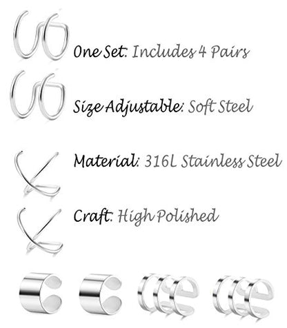 4-10 Pairs Stainless Steel Ear Cuff Helix Cartilage Clip On Wrap Earrings Fake Nose Ring Non-Piercing Adjustable - color: A4: 4 Pairs, Silver Tone