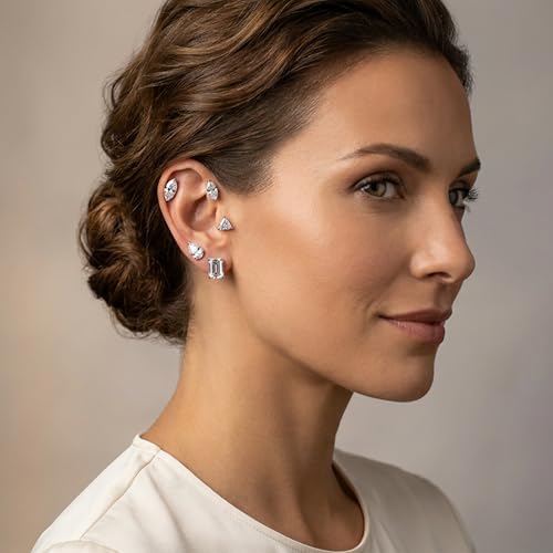 MDFUN 9 Pairs 18K Gold Plated Stud Earrings Set for Women, Cubic Zirconia Earrings Studs, CZ Diamond Jewelry Hypoallergenic, Round Square Teardrop Eye Heart Cut, Size 6-11mm - color: Gold