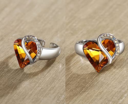 Leafael Infinity Love Women's Adjustable Crystal Heart Ring with Birthstone Crystals Healing Stones, Jewelry Gifts for Women, Birthdays Valentine's Day, Silver-Tone, Open End, Size 6.5-8 - color: 16d-November-Balance-Amber Brown