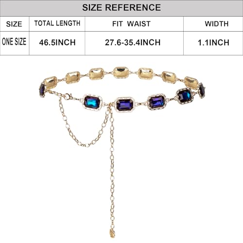 ILuvatar Green Glass Diamond Chain Belt - Metal Women's Western Style Dress Belt - color: Gold-s-blue