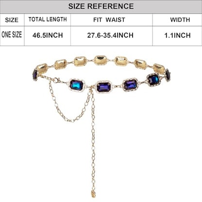 ILuvatar Green Glass Diamond Chain Belt - Metal Women's Western Style Dress Belt - color: Gold-s-blue