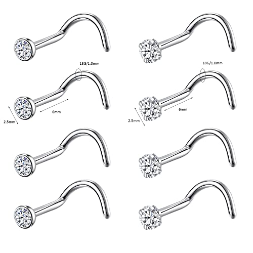 8PCS G23 Titanium Twist Screw Nose Studs 18G 20G Nose Rings 2mm 2.5mm 3mm Clear Pink Purple Aurora CZ Gold Nose Piercing Studs Nostril for Women Men - style: 18g silver clear cz 2.5mm