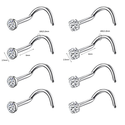 8PCS G23 Titanium Twist Screw Nose Studs 18G 20G Nose Rings 2mm 2.5mm 3mm Clear Pink Purple Aurora CZ Gold Nose Piercing Studs Nostril for Women Men - style: 18g silver clear cz 2.5mm