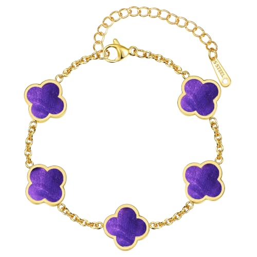 Four Leaf Clover Bracelet for Women 18K Gold Plated Stainless Steel 4 Leaf Link Chain Adjustable Bracelets Lucky Gift for Women/White/Black/Rich Red/Emerald Green/ Navy Blue/Pink Bracelets - color: Purple/Gold