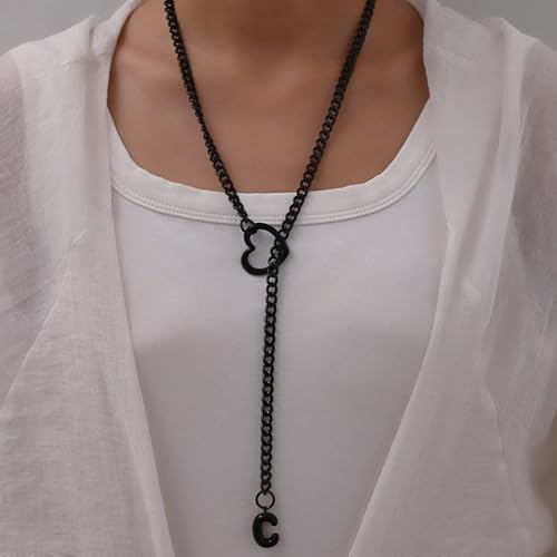 sroyte Black Heart Slip Chain Initial Necklaces for Women,Stainless Steel O-Ring Adjustable Lariat Heart Y-Necklace,Punk Gothic Cuban Collar Choker Necklace for women - color: Black C
