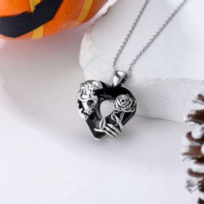 Sterling Silver Halloween Necklace Gothic Jewelry Gifts for Women Men - style: Skull Rose