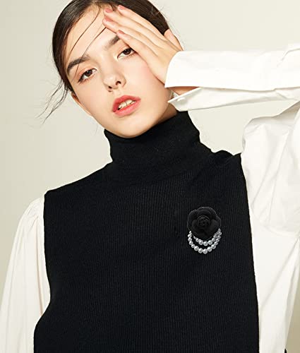 Wool Camellia Flower Pearl Tassel Brooches Pins Delicate Flowers Brooch Classic for Wedding Party Dance Banquet for Women Dainty Elegant Lapel Pins Dress Suit Accessories - color: Black