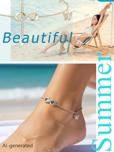 Moissanite Infinity Anklet for Women, Real Authentic 925 Sterling Silver Hypoallergenic, Beautiful Summer Jewelry, Dainty Ankle Bracelet, 8.6-10.6inch (21-26cm) Adjustable - color: Romantic Infinity & Butterfly - Yellow Gold