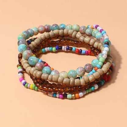 Bohemian Colorful Crystal Glass Beads Seed Beaded Bracelet Handmade Adjustable Stackable Elastic Strand Bangle for Women Summer Beach Hawaii Boho Wristbands Jewelry - color: brown