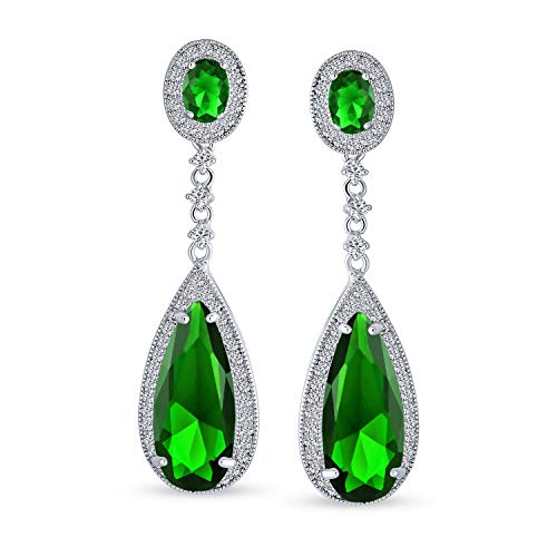 Long Cocktail CZ Halo Teardrop Chandelier Clip On Earrings Silver Plated - color: Green