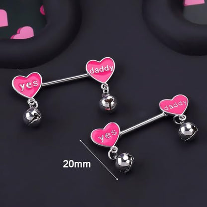 14G Pink Heart Nipple Rings with Jingle Bell Dangle Charm, Yes Daddy Letter Nipplerings Nipple Shield Barbell Piercing Stainless Steel Body Piercing Jewelry