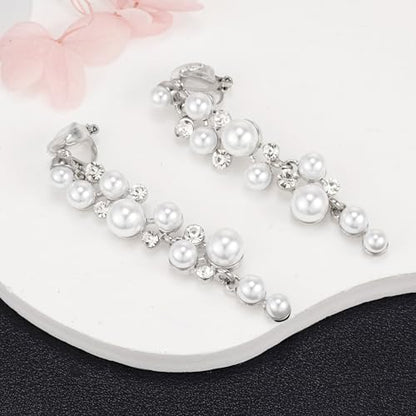 Clip On Earrings Simulated Pearl Wedding Bridal Dangling Dangle Clip Earrings for Women Non-pierced - color: Silver