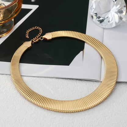Chunky Gold Collar Choker Statement Necklace for Women Trendy | Gold Plated Layered Twist Flat Thick Snake Herringbone Chain African Torque Necklace Prom Boho Necklaces Party Jewelry Gift - style: Flat Herringbone Chain/Gold