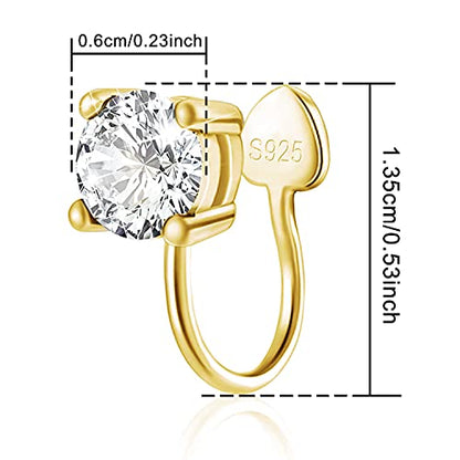 Cubic Zirconia Ear Cuffs - Sterling Silver Hypoallergenic Non-Piercing Cartilage Earrings CZ Clip on Earrings Round Crystal Stud Earrings for Women Girls 6mm - color: Gold