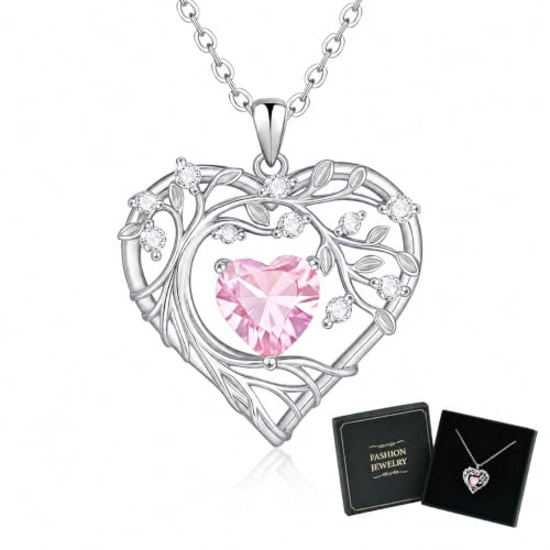 Gamtic Tree of Life Birthstone Pendant Necklace - Heart Cubic Zirconia Diamond Necklace Birth Month Necklaces Birthday Gift for Her Wife Mom Daughter Grandma Girlfriend Anniversary Jewelry Gift - style: October