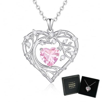 Gamtic Tree of Life Birthstone Pendant Necklace - Heart Cubic Zirconia Diamond Necklace Birth Month Necklaces Birthday Gift for Her Wife Mom Daughter Grandma Girlfriend Anniversary Jewelry Gift - style: October