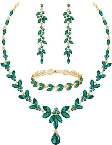 Paxuan Wedding Jewelry Sets for Bride Bridesmaid Bridal Jewelry Set for Women Wedding Crystal Necklace Earrings Bracelet Set for Party Prom Jewelry - color: Emerald Green - Gold