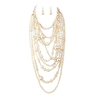 Multilayer Strand Chain Faux Pearls Flapper Beads Cluster Long Choker Necklace - color: Gold White Necklace+Pierced Earrings