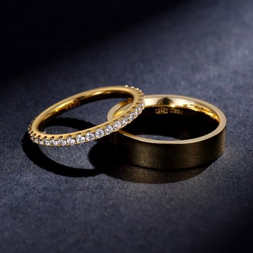 2 Pack Sterling Silver Eternity Ring & Gold Band for Women, 2mm CZ Stackable Wedding Engagement Promise Rings, Simple 5mm Plated Band, Size 5-10, Gift Jewelry Set - color: Gold, size: 5