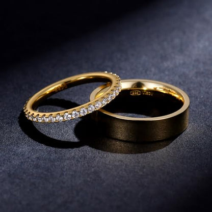 2 Pack Sterling Silver Eternity Ring & Gold Band for Women, 2mm CZ Stackable Wedding Engagement Promise Rings, Simple 5mm Plated Band, Size 5-10, Gift Jewelry Set - color: Gold, size: 9