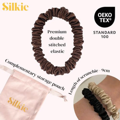 SILKIE x6 Set 100% Pure Mulberry Silk Black Noir Dark Midnight Neutral Skinny Scrunchies Travel Pouch Everyday Hair Ties Elastics Hair Care Ponytail Holder No Damage (Midnight) - color: Midnight