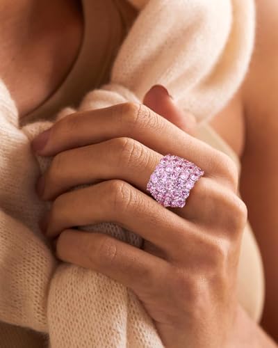 925 Sterling Silver Pave Birthstone Chunky Statement Rings for Women Men | 14K Gold Plated/Silver Large Dome Ring Birthday Cocktail Jewelry,Size 6 to 10(with Gift Box) - color: 10-Created Pink Sapphire-Oct.