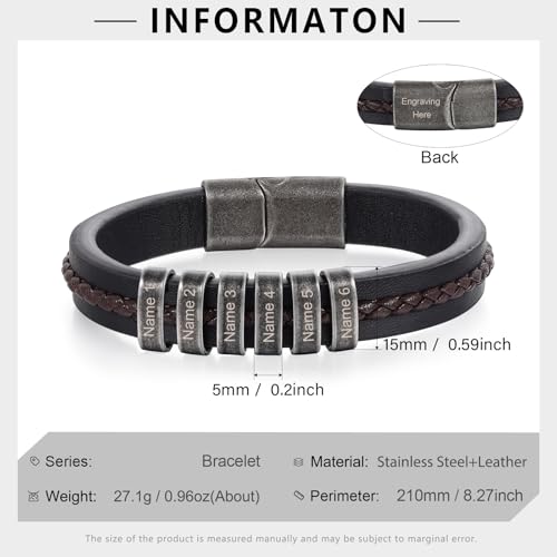 Personalized Bracelet for Men, Engraved Name Bead Braided Leather Bracelet for Dad Husband Grandpa Son, Custom Stainless Steel Men's Bracelet - color: 6 names