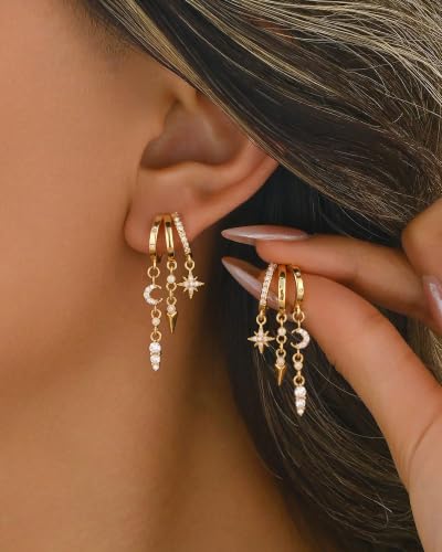 Dangle Gold Earrings for Women Trendy Triple Huggie Chain Earrings 14K Gold Plated Statement Cute Drop Dangle Earrings Dainty Hypoallergenic Chunky Hoop Earrings Fun Earring Stacks Jewelry - color: B-Star Moon Earrings