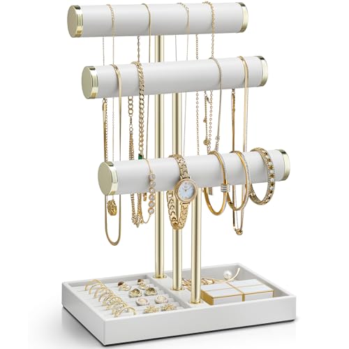 VLANDO 3 Tier Bracelet Holder Organizer with Tray - Leather Jewelry Stand Organizer for Women - Jewelry Holder Display for Necklace, Watches, Rings, Earrings, Bangle, Scrunchie - White - color: A. White, size: 3 Tier