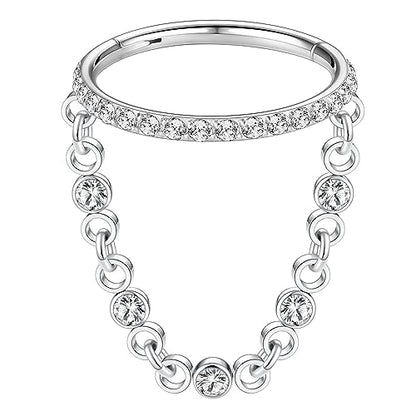 AROWRO Chain Septum Rings 316L Surgical Steel Septum Clicker Daith Piercing Jewelry Dangle Nose Rings for Women 16G 8/10mm Conch Cartilage Hoop Seamless Hinged Septum Jewelry with Clear CZ/Opal - color: Style-3-Silver chain&Clear CZ, size: 16G-10mm