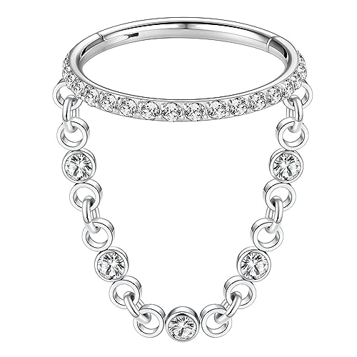 AROWRO Chain Septum Rings 316L Surgical Steel Septum Clicker Daith Piercing Jewelry Dangle Nose Rings for Women 16G 8/10mm Conch Cartilage Hoop Seamless Hinged Septum Jewelry with Clear CZ/Opal - color: Style-3-Silver chain&Clear CZ, size: 16G-10mm