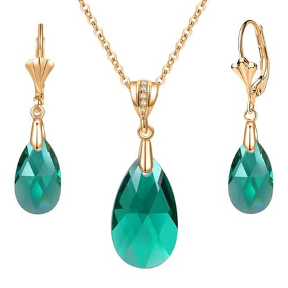 Austrian Crystals Teardrop Pendant Necklace Earrings for Women 14K Gold Plated Hypoallergenic Leverback Drop Dangle Earrings Jewelry Set - color: Emerald