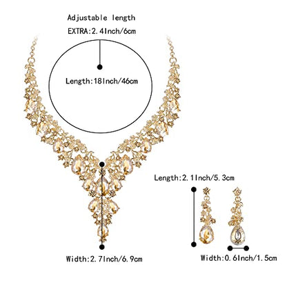 Wedding Bridal Necklace Earrings Jewelry Set for Women | Gorgeous Austrian Crystal Teardrop Flower Cluster for Bridal Bride Bridesmaid - color: 2Pcs-Champagne Gold-Tone