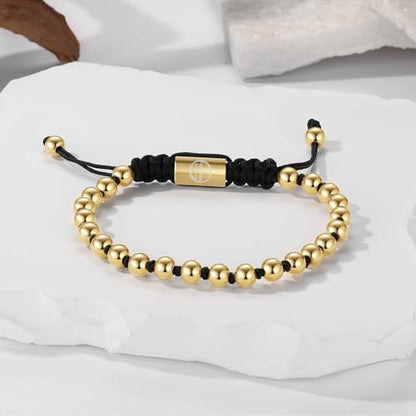 18K Gold-Plated Bracelets for Men Franco Link Chain Adjustable | Stainless Steel Bracelet, Gold Beads Bracelet, Handcrafted Braided, Mens Jewelry Birthday Gift for Men - color: Black with Gold