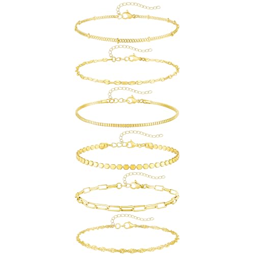 Fesciory 14K Gold Ankle Bracelets for Women, Layered Stackable Anklet Set | 6 Pcs Anklet Set, Layered Ankle Bracelet, Cuban Link Design, Stackable Plus Size, Adjustable Fit, Summer Beach Jewelry - color: Set11-Gold 6Pcs