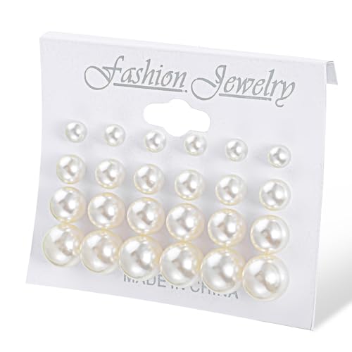 24 Pairs Pearl Studs Earrings for Women, Faux Simulated Pearl Earrings 4 Mixed Sizes Round Ball Pearls Stud Earring Set - color: Beige