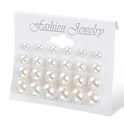 24 Pairs Pearl Studs Earrings for Women, Faux Simulated Pearl Earrings 4 Mixed Sizes Round Ball Pearls Stud Earring Set - color: Beige