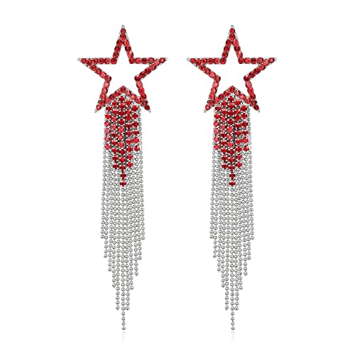 EVER FAITH Crystal Long Waterfall Star Tassel Clip-on Earrings for Women | Rhinestone Beaded Fringe Chandelier Dangle Statement Earring, Wedding Party Jewelry - color: Red Silver-Tone