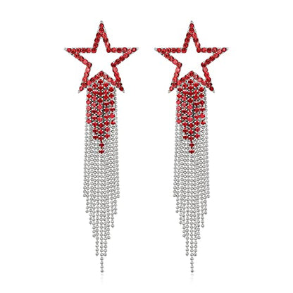 EVER FAITH Crystal Long Waterfall Star Tassel Clip-on Earrings for Women | Rhinestone Beaded Fringe Chandelier Dangle Statement Earring, Wedding Party Jewelry - color: Red Silver-Tone