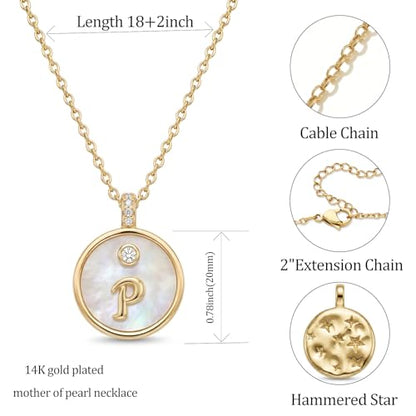 Initial Necklaces for Women Mother of Pearl Gold Letter Necklace Pendant - color: Letter P
