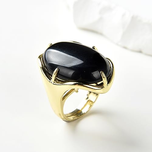 Natural Stone Adjustable Finger Rings Semi Precious Oval Shaped Gemstone Jewelry For Women Anniversary Birthday Wedding Gift - color: Black Agate
