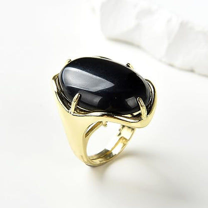 Natural Stone Adjustable Finger Rings Semi Precious Oval Shaped Gemstone Jewelry For Women Anniversary Birthday Wedding Gift - color: Black Agate