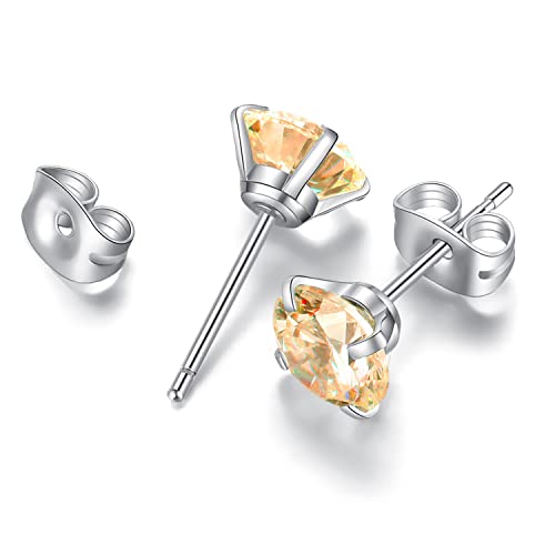 6 Pairs Stud Earrings Set, Hypoallergenic Cubic Zirconia Earrings 316L Stainless Steel CZ Earrings 3-8mm - color: A-Champagne CZ
