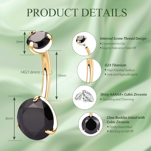 FUNLMO 14G Belly Button Ring Titanium Belly Button Piercing Belly Ring Internally Threaded Navel Piercing Jewelry - color: Gold-Black CZ