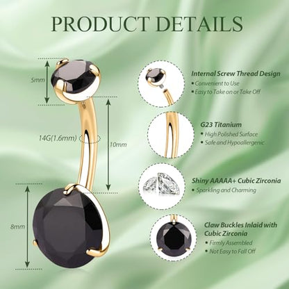 FUNLMO 14G Belly Button Ring Titanium Belly Button Piercing Belly Ring Internally Threaded Navel Piercing Jewelry - color: Gold-Black CZ